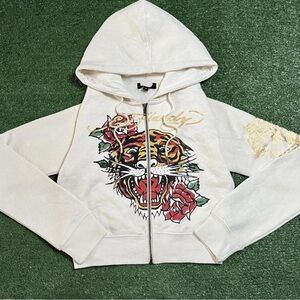 Ed Hardy Cropped White Zip-Up Hoodie with Tiger & Rose Graphic